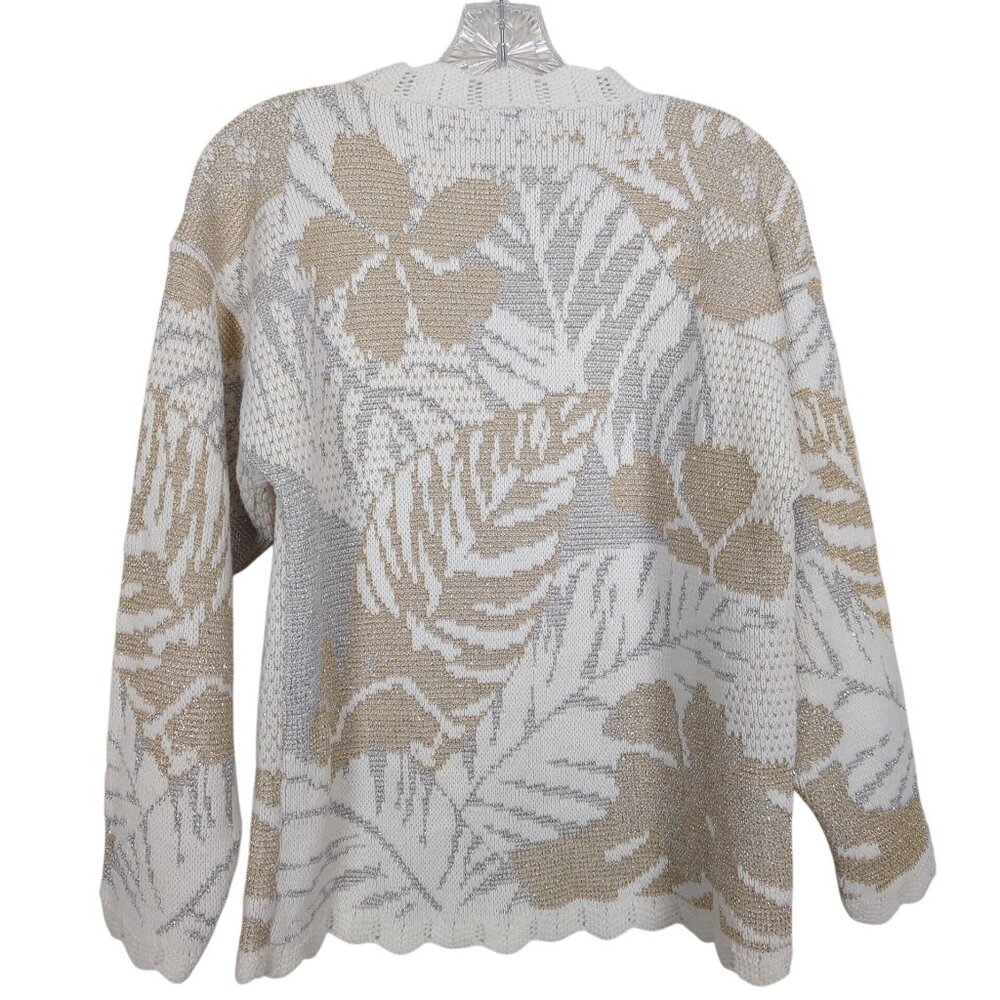 Vintage Jessica Stevens Knit Sweater Womens M Beige Ivory Metallic Leaves - Picture 2 of 14